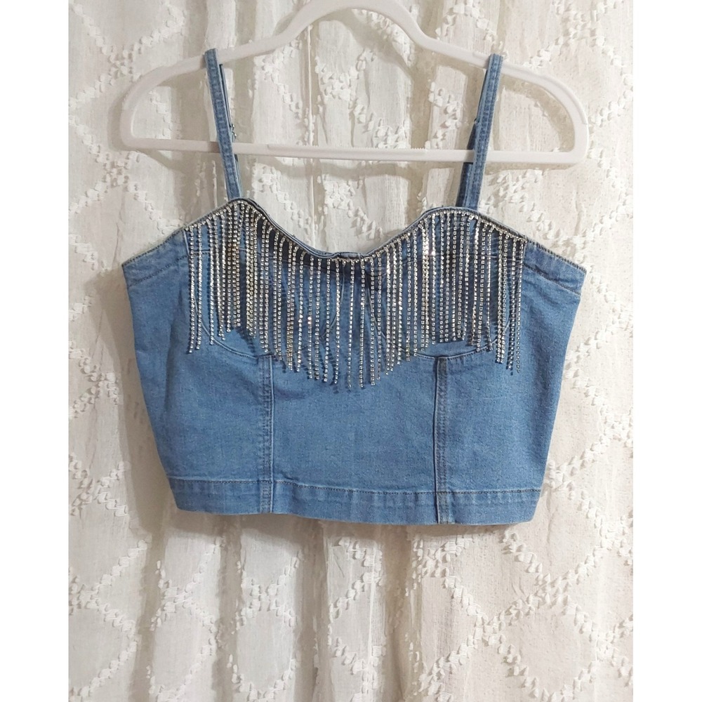 Savanna Jane Denim Rhinestone Fringe Crop Top Medium Wash Western Corset M